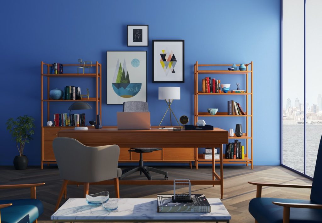 office with blue accent wall