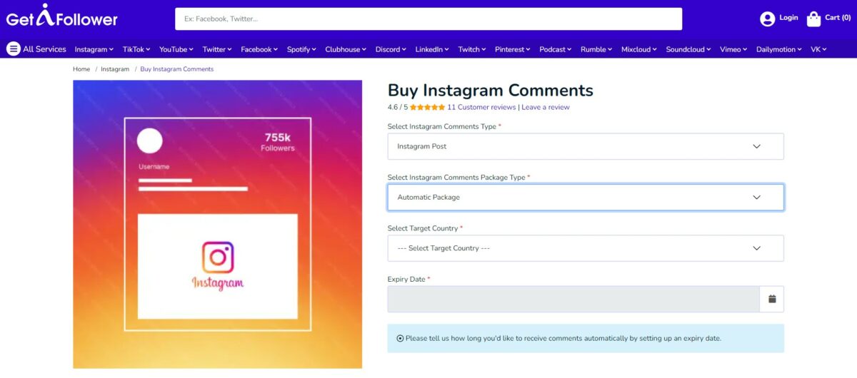 getafollower buy automatic Instagram comments