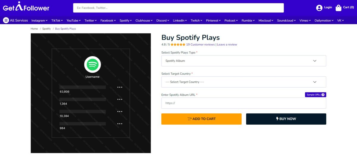 getafollower buy spotify album plays