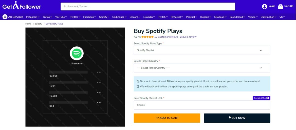 getafollower buy spotify playlist plays