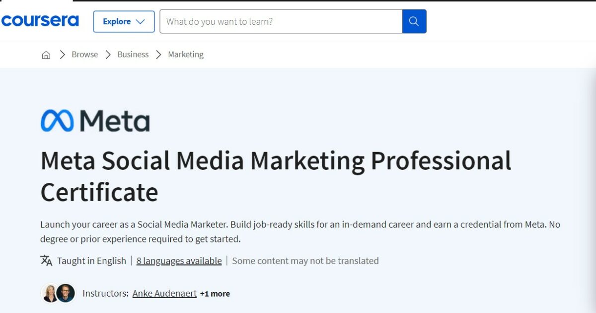 Social Media Marketing Professional Certificate by Facebook on Coursera